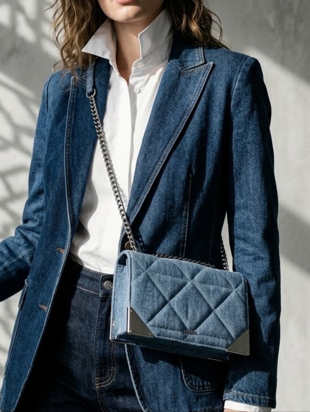 ALDO FIESCHI Quilted Denim Crossbody Bag Metal Corner Chain Strap Blue OS